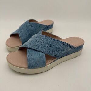 ecco Touch Plateau Blue Leather Criss Cross Slide Wedge Sandal Size 8